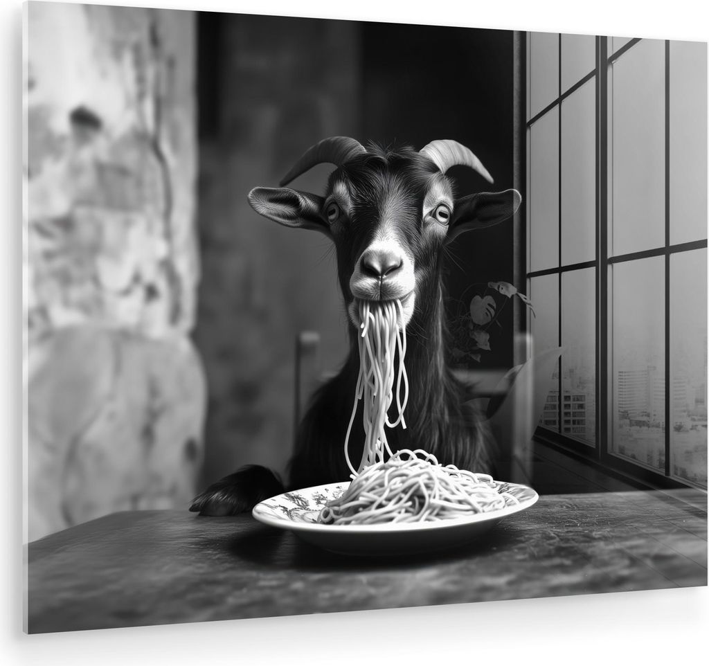 MuchoWow Glasbilder - Bilder auf Wandbild - Foto auf Glas Ziege - Teller - Spaghetti - Schwarz und weiß 80x60 cm Wanddekoration aus Glas - Acrylgl...