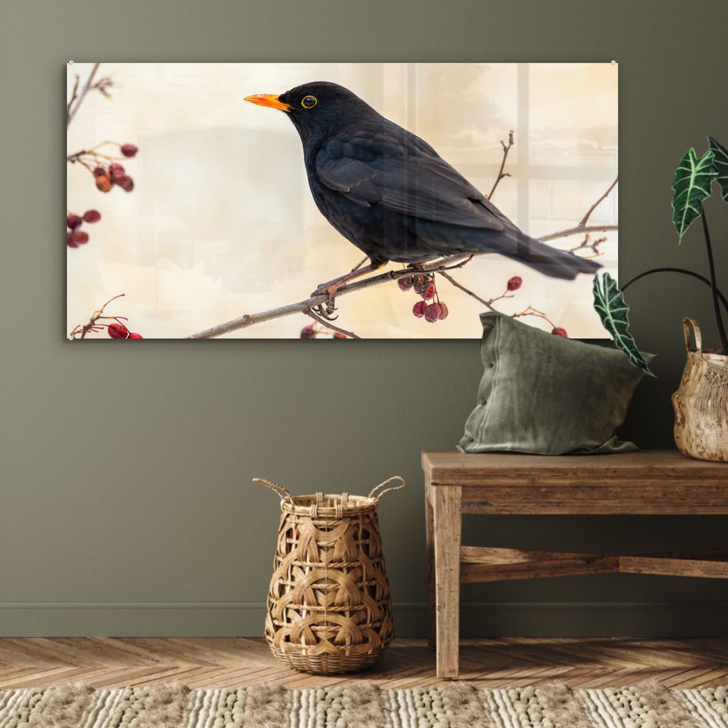 MuchoWow Glasbilder - Bilder auf Wandbild - Foto auf Glas Amsel - Vogel - Zweige - Beere - Rot 120x60 cm Wanddekoration aus Glas - Acrylglasbild - ...