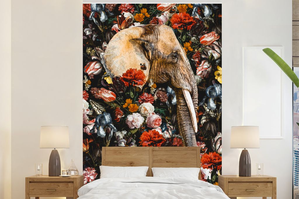MuchoWow Fototapete für Wohnzimmer oder Schlafzimmer Wandtapete Vinyl Motivtapete Elefant - Blumen - Illustration - 180x280 cm - Wallpaper