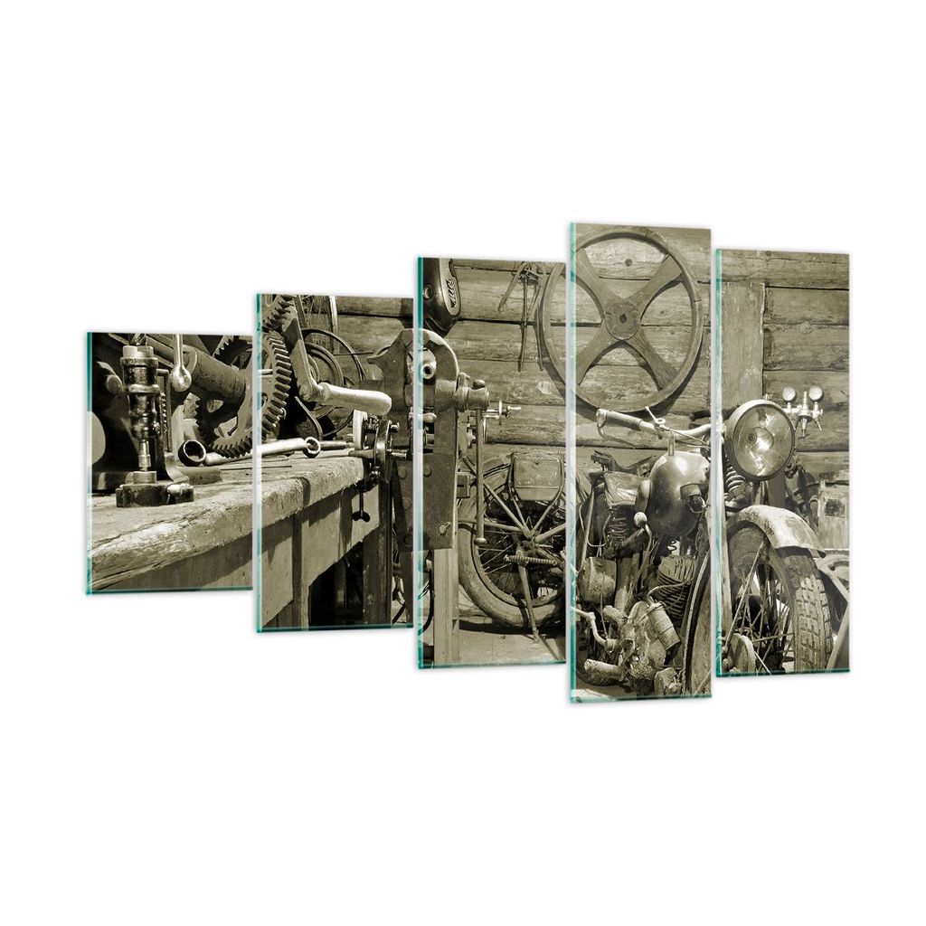 Bilder auf glas - Werkstatt Motor - 100x60cm - Glasbilder - Wandbilder - Kunstdruck - zum Aufhängen bereit - Wanddekoration aus Glas - Glas Bilder...