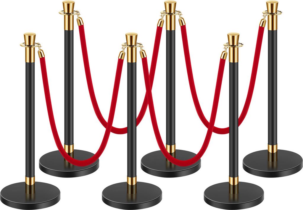 Six stanchions with red ropes are arranged in a line against a white background.