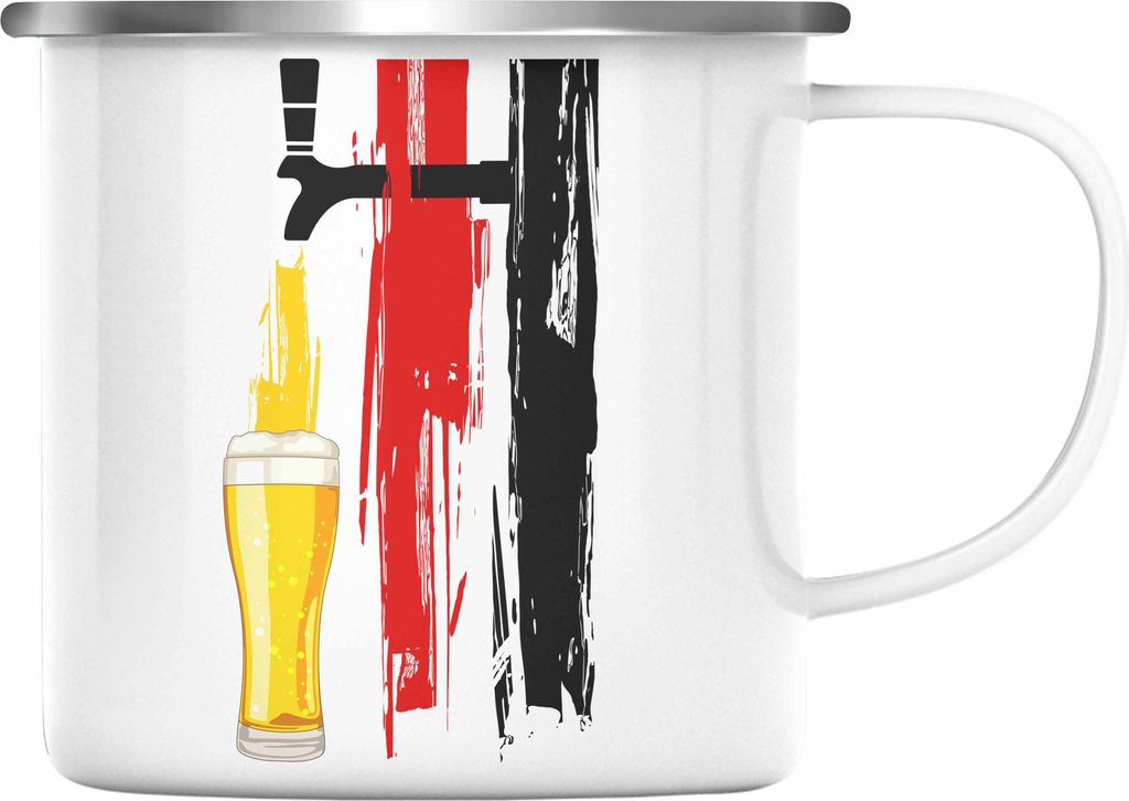 Trendation - Bier Geschenke für Männer Emaille Tasse mit Deutschlandflagge und Bier Grafik (Silber)