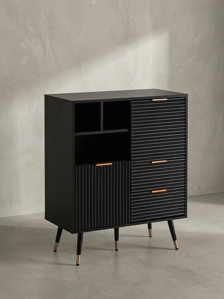 Sideboard 77x97x40 cm Anrichte Schwarz mit Eiche-Nachbildung, Kommode mit Türen und Schubladen, Kommodenschrank Flurschrank mit Regal Modern, Stan...