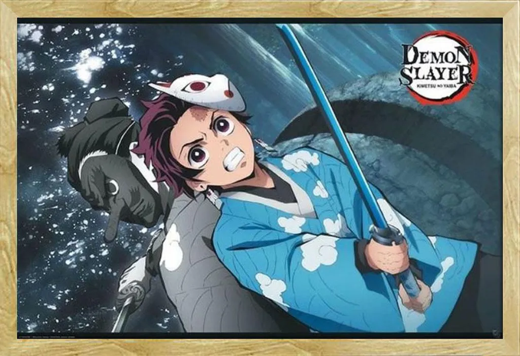 Demon Slayer - Poster - Tanjiro & Urukodaki + cornice rimovibile, Shinsuke® Maxi MDF faggio, disco acrilico