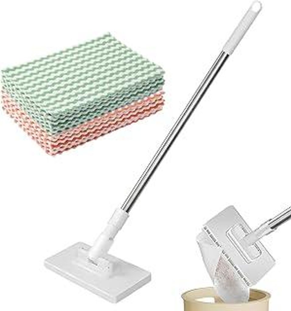 Bodenwischer, Wischer mit Druck-Klemm-System, EIN Knopf zum Wechseln, Automatisches Klemmtuch,wischmop mit 10 Wiederverwendbaren Mikrofasertüchern...