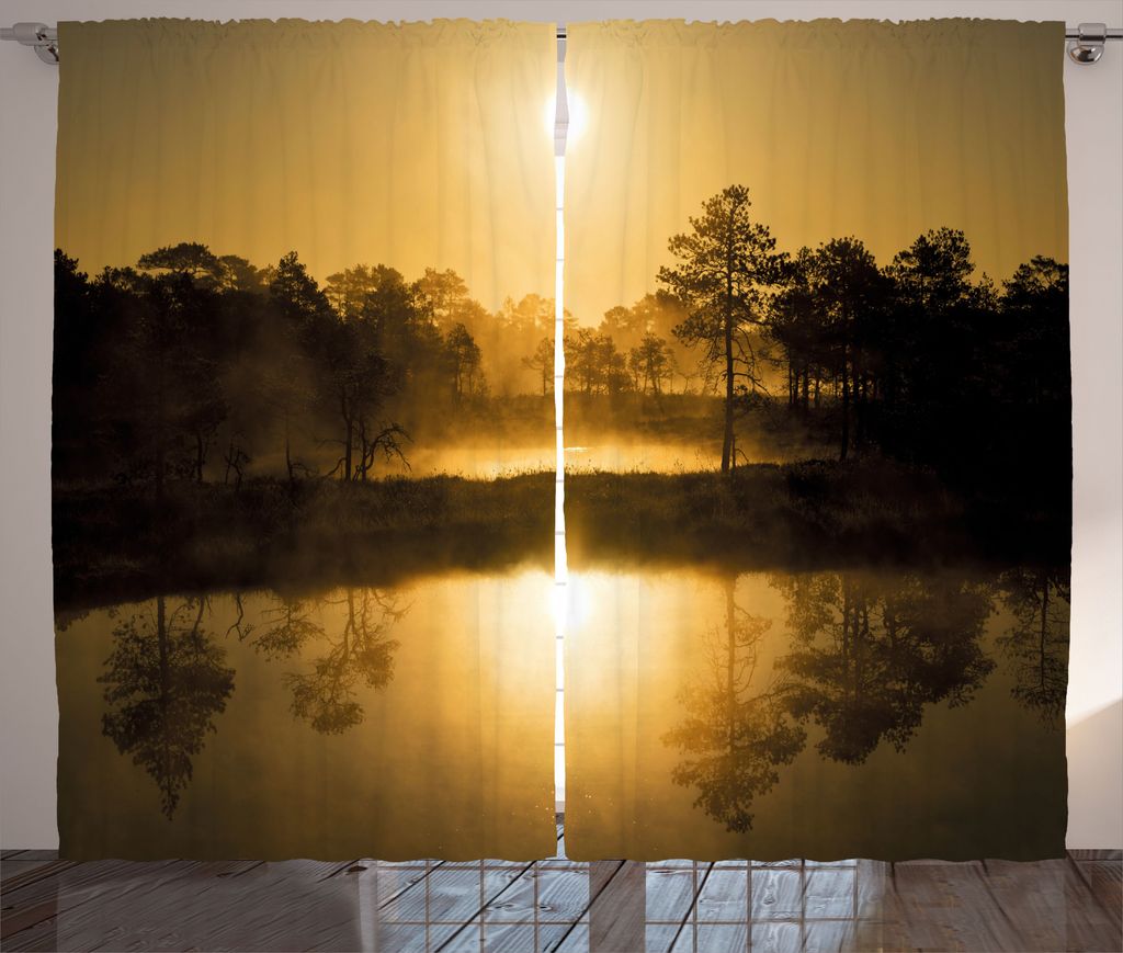 ABAKUHAUS Landschaft Rustikaler Gardine, Idyllischer Sonnenaufgang Morgen, Schlafzimmer Kräuselband Vorhang mit Schlaufen und Haken, 280 x 225 cm,...