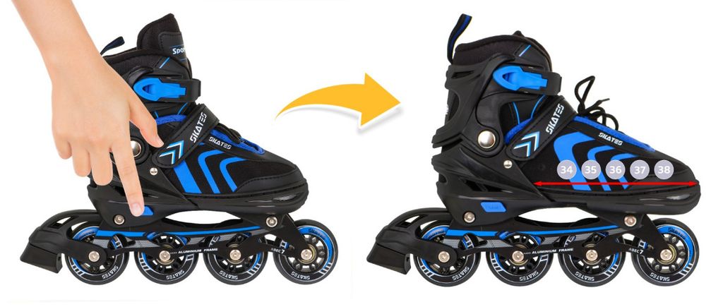 A hand is shown adjusting an inline skate, with an arrow indicating a change to a larger size.