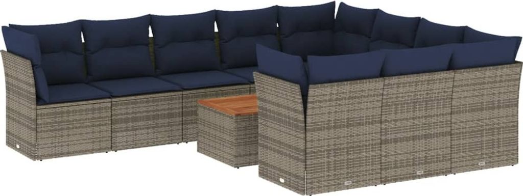 11-tlg. Garten-Sofagarnitur mit Kissen Grau Poly Rattan