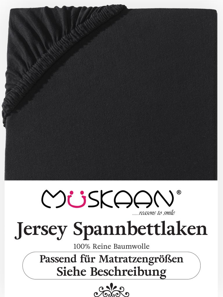 Müskaan Jersey Spannbettlaken 180x200 - 200x220 schwarz für Boxspringbett und Wasserbett Bettlaken 100% Baumwolle