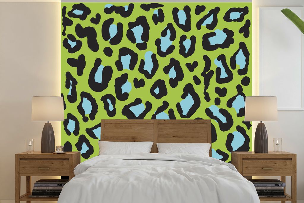 MuchoWow Fototapete für Wohnzimmer oder Schlafzimmer Wandtapete Vinyl Motivtapete Pantherdruck - Grün - Blau - 300x300 cm - Wanddekoration