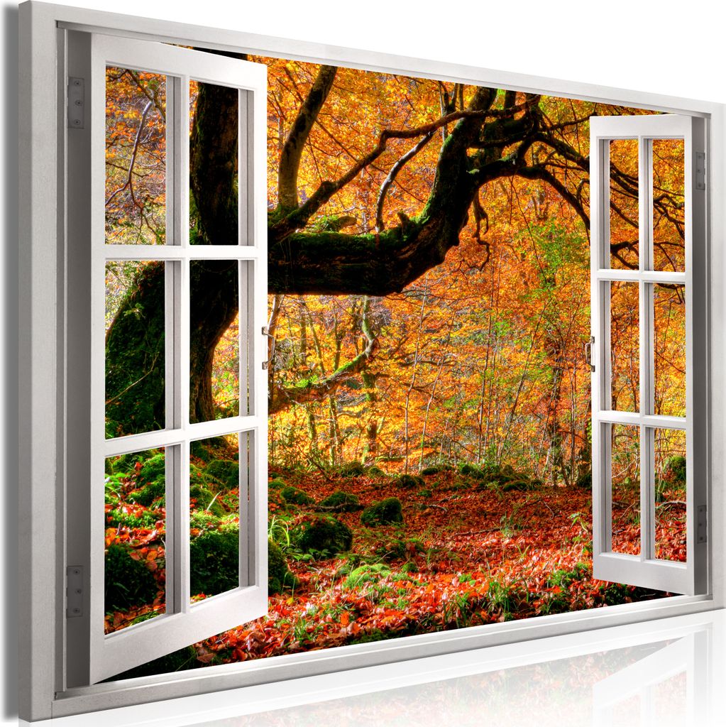 Modernes Wandbild Fensterblick 120x80 - 1 Teile Bilder Fotografie auf Vlies Leinwand Foto Bild Dekoration Wand Bilder Kunstdruck Wald Baum Herbst c...