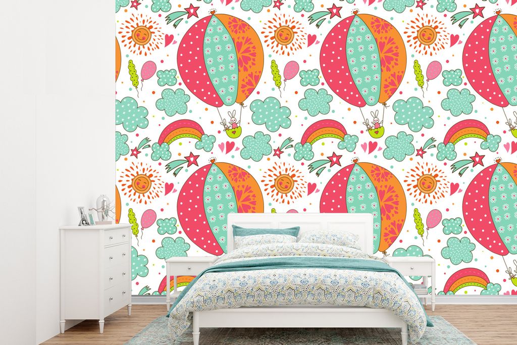 MuchoWow Fototapete für Wohnzimmer oder Schlafzimmer Wandtapete Vinyl Motivtapete Kaninchen - Schnittmuster - Baby - 360x260 cm - Wohnzimmer tapete