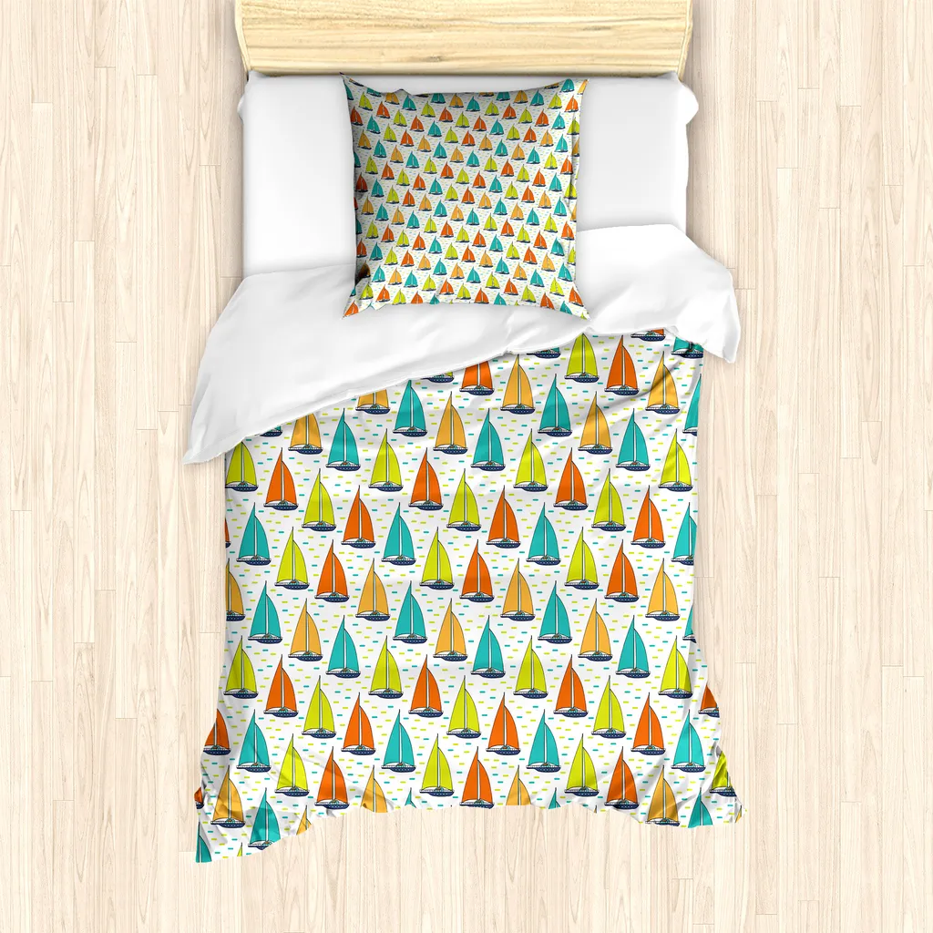 ABAKUHAUS Set copripiumino nautico per letti singoli, Windboats on Sea colorato, antiacaro, adatto a chi soffre di allergie, con federa, 135 cm x 200 cm - 80 x 80 cm, multicolore