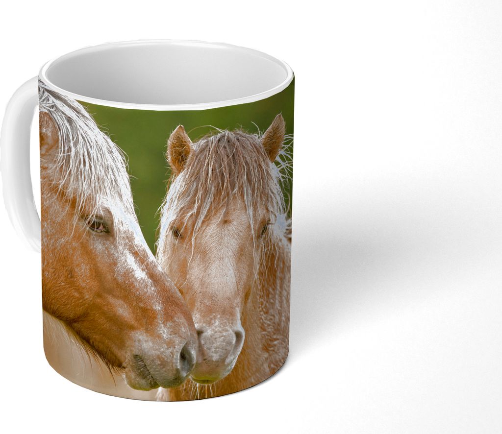 MuchoWow Tasse Kaffeetasse Kaffeebecher 350 ml Nahaufnahme von kuschelnden Fjordpferden Teetasse - Fototasse - Becher - Keramikbecher - Teebecher...