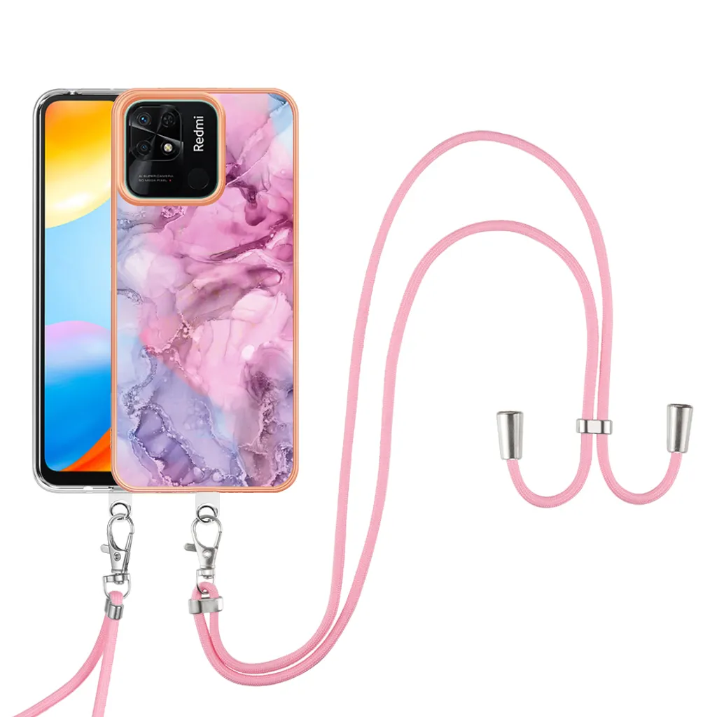 Custodia con cinturino per Xiaomi Redmi 10C, paraurti in TPU a fantasia, custodia protettiva con cinturino regolabile Rosa
