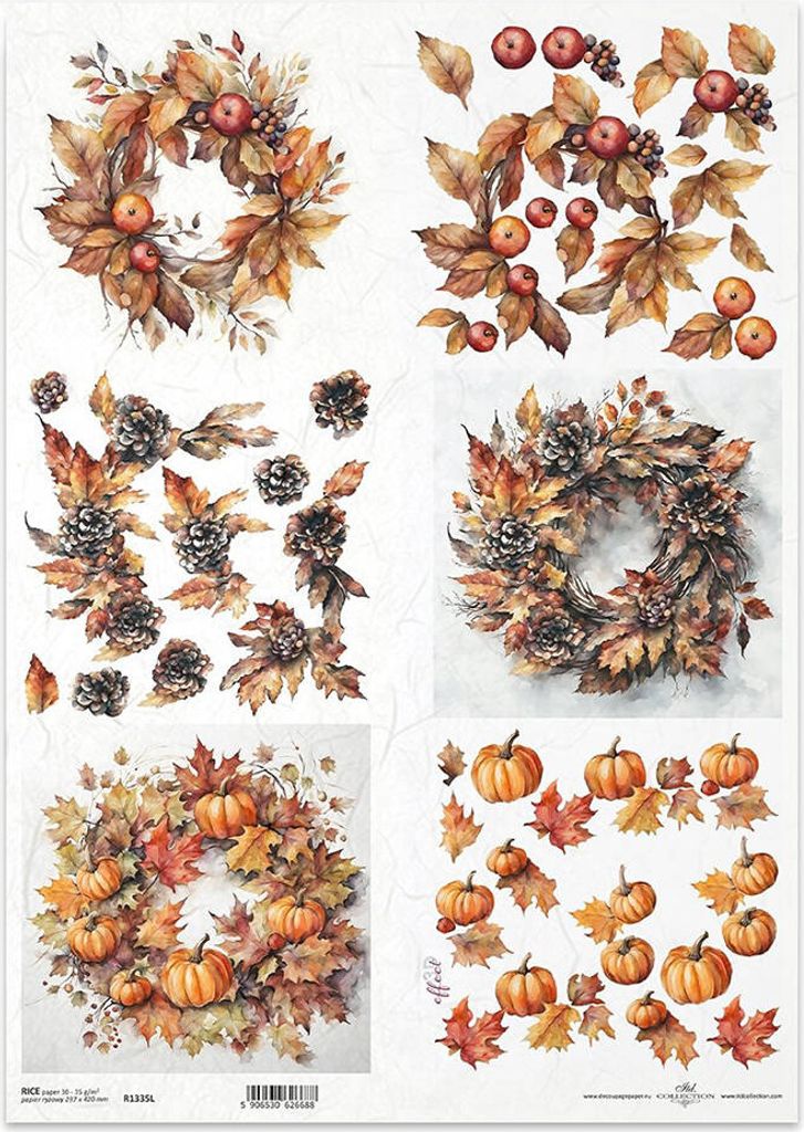 Reispapier Decoupage Bastelpapier für Decoupage A3 ITD-1335L Herbstgirlanden Kürbisse Äpfel