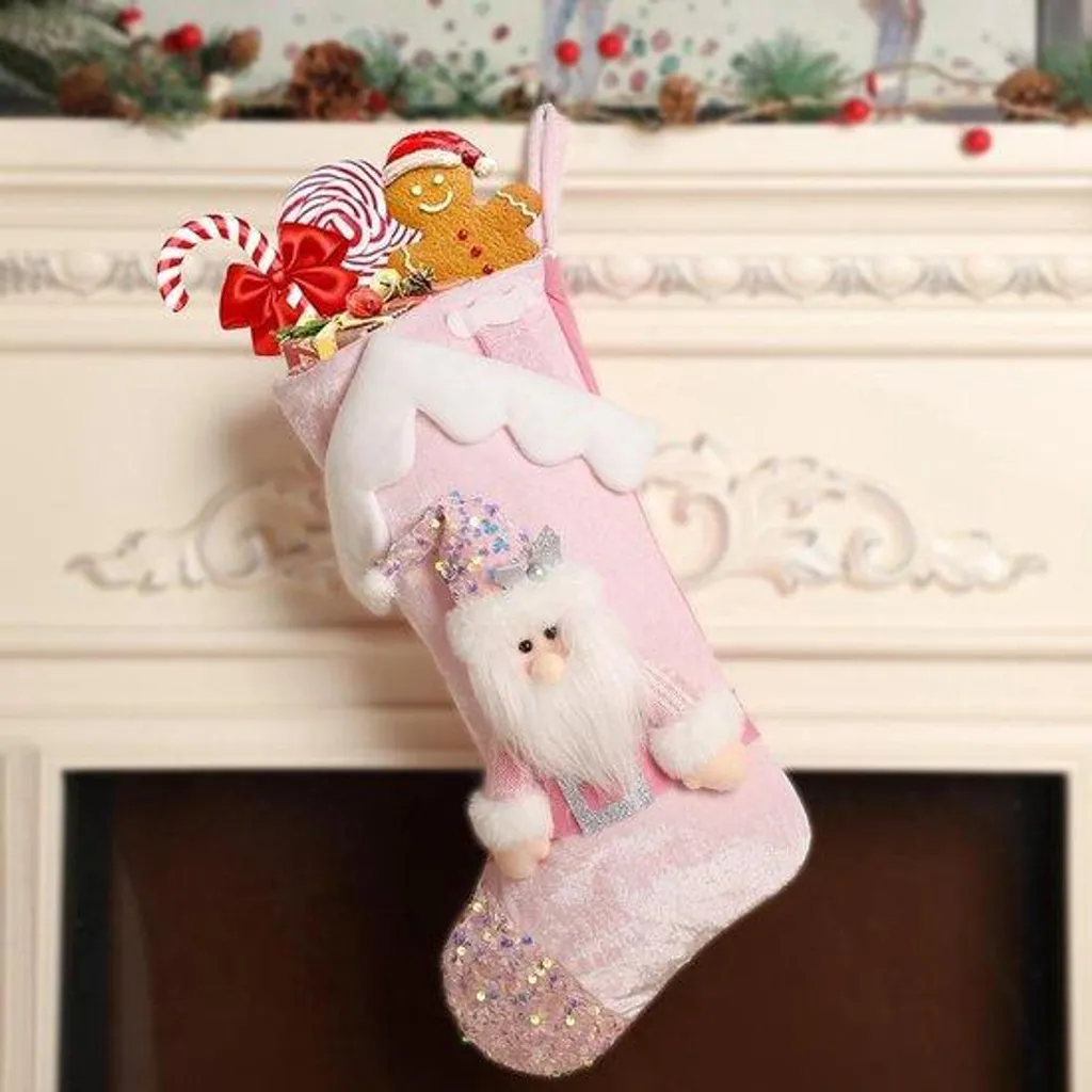 Décoration Sapin Noël 44 cm Rose - Chaussette Père Noël pour Enfants