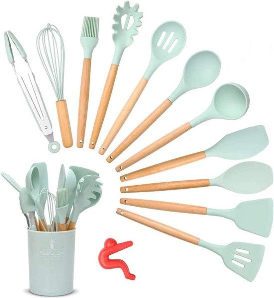 12-teiliges Edelstahl Kochgeschirr-Set, antihaft, hitzebeständig, mintgrün, mit Halterung und Aufhängung