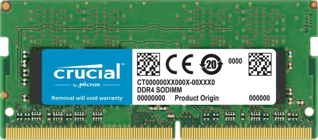 A Crucial DDR4 SODIMM memory module is shown against a white background.