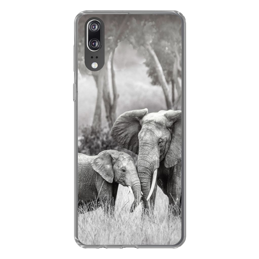 MuchoWow Handyhülle Schutzhülle Hülle für Huawei P20 Elefant - Tiere - Natur - Schwarz und weiß Silikon Softcase Handy Hülle - Hardcover