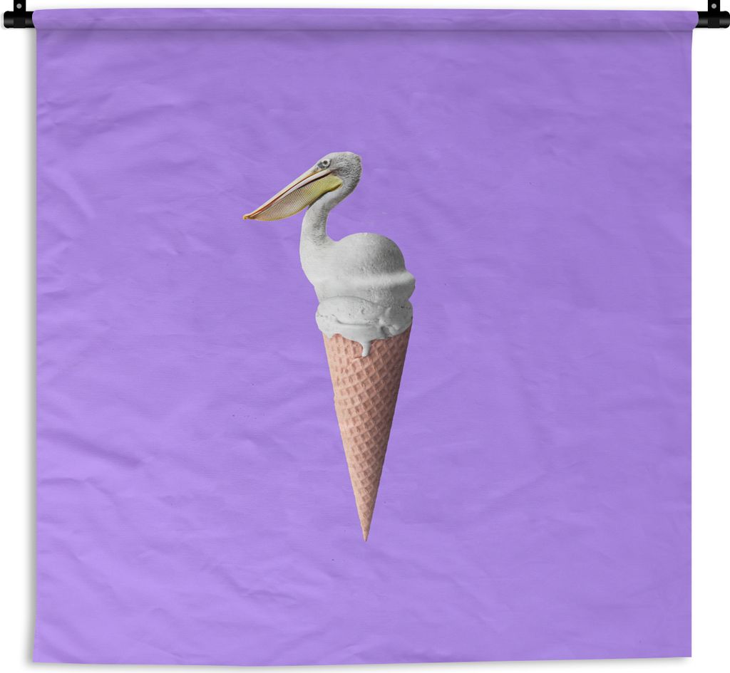 MuchoWow Wandteppich Wandbehang Eiscreme - Vogel - Pelikan - Weiß - Eistüte 90x90 cm Tapisserie Dekoration Wandtuch - Wandaufhänger