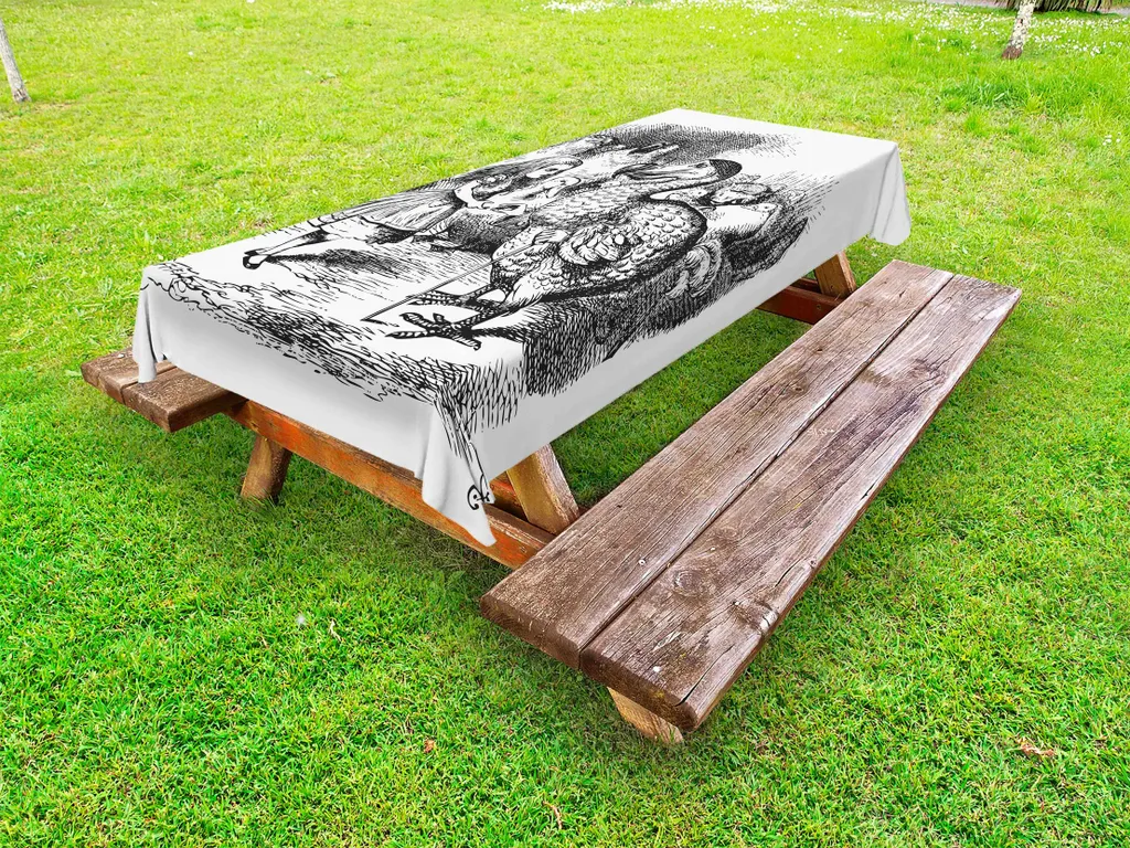 ABAKUHAUS Alice Tovaglia da esterno, Alice nel Paese delle Meraviglie con Dodo Animal Adventures Big Bird Sketch Tema per bambini, Bianco e Nero, 145x305 cm
