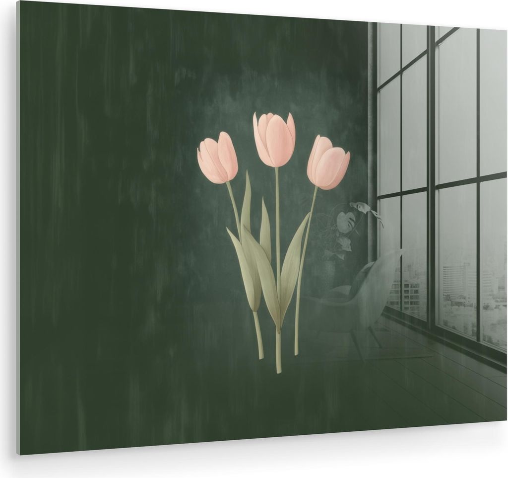 MuchoWow Glasbilder - Bilder auf Wandbild - Foto auf Glas Tulpen - Liebe - Dunkelgrün 40x30 cm Wanddekoration aus Glas - Acrylglasbild - Acrylbild...