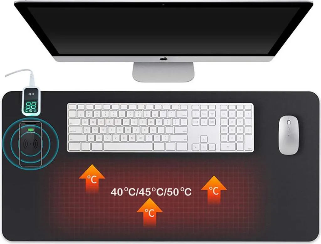 Tapis de Bureau Noir 80x40cm - Sous-main Chauffant 120W Charge Sans Fil