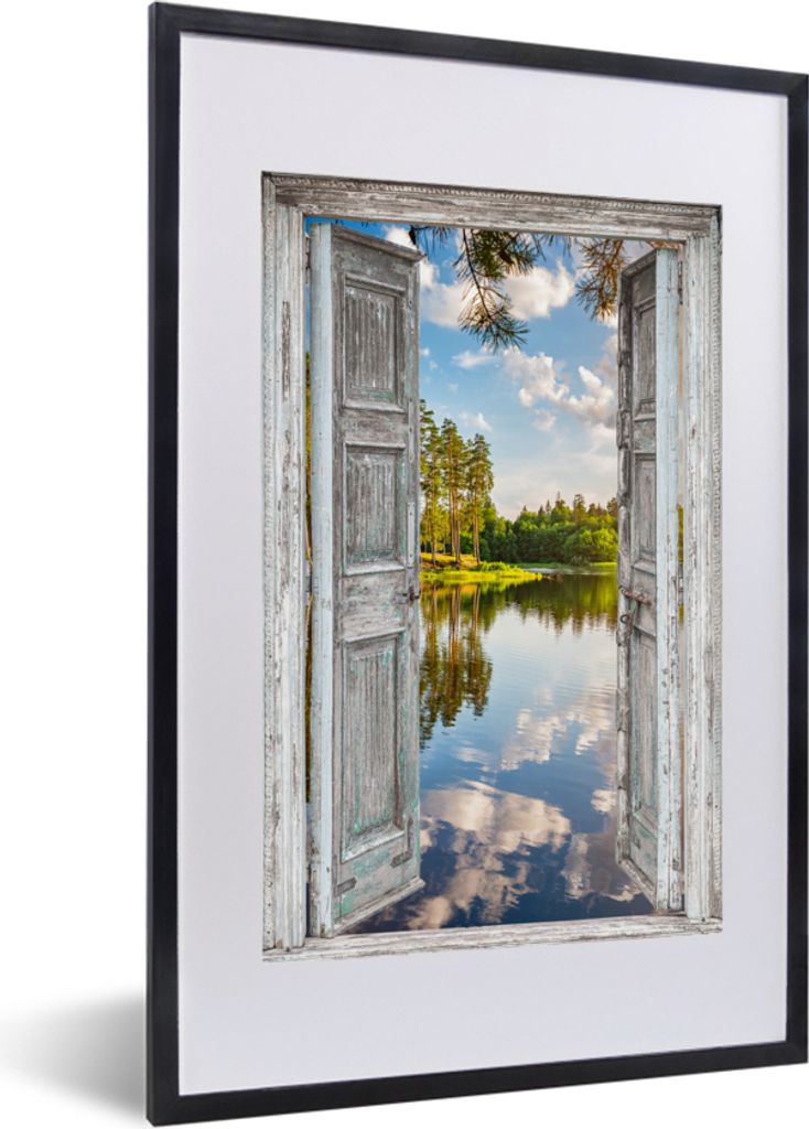 MuchoWow Gerahmtes Poster Wasser - Landschaft - Fenster - Aussicht 40x60 cm - Poster mit Schwarzem Bilderrahmen Wandposter Rahmen Foto Bilder - P...