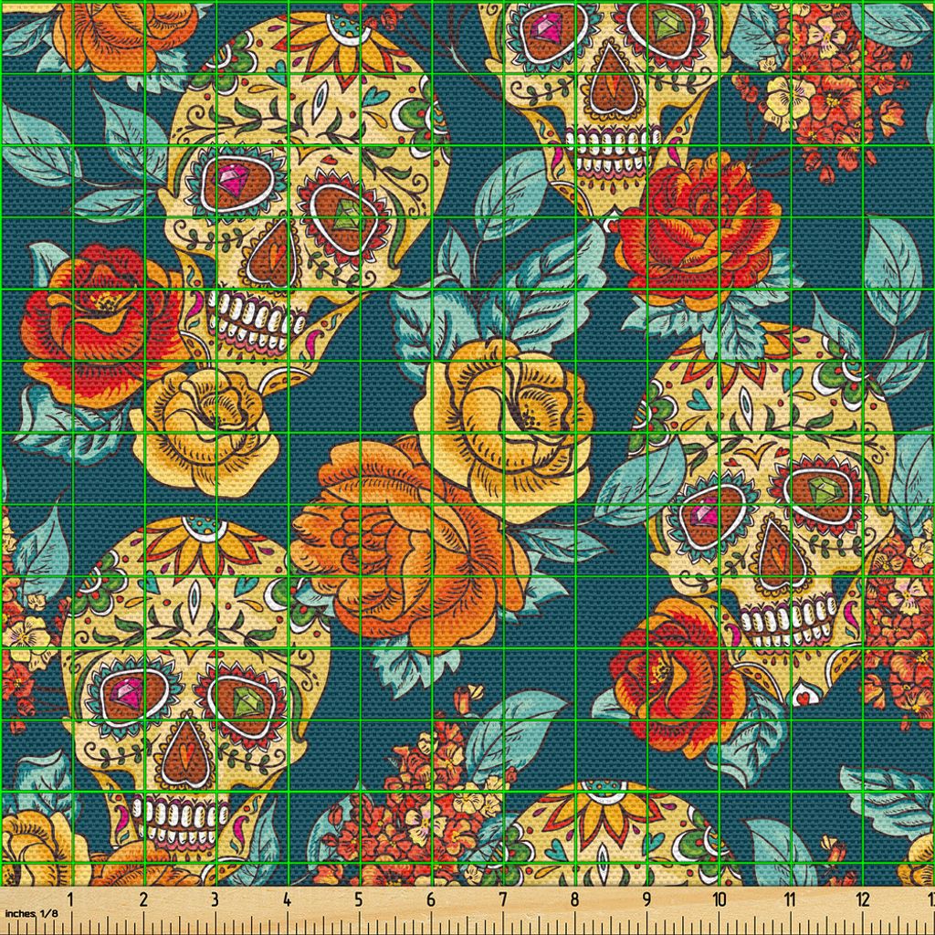 ABAKUHAUS Zuckerschädel Gewebe als Meterware, Schädel-Diamant-Formen im Augen-Rosen-Blumenstrauß-bunten Muster-künstlerischem Druck, 10 M (148 ...