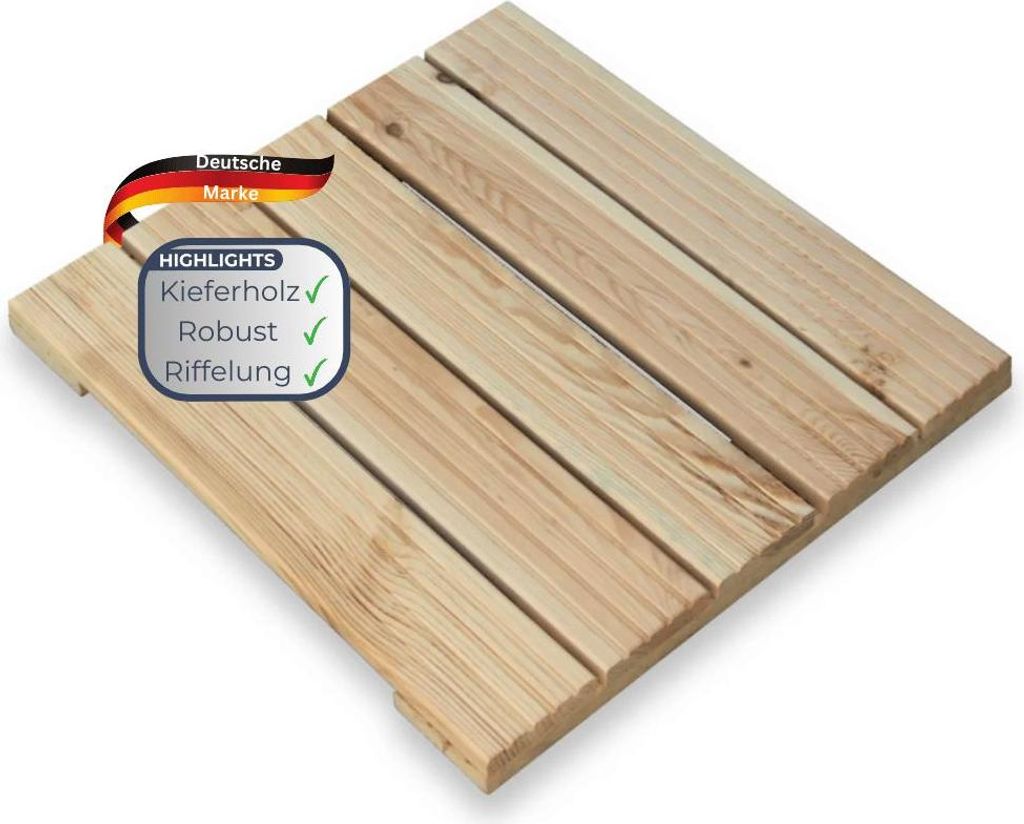 Holzfliese Kiefernholz 47,5x47,5cm - Fliese Geriffelt | Terrassenfliese Holz quadratisch Terrassendiele mit Unterkonstruktion Balkon Bodenfliese