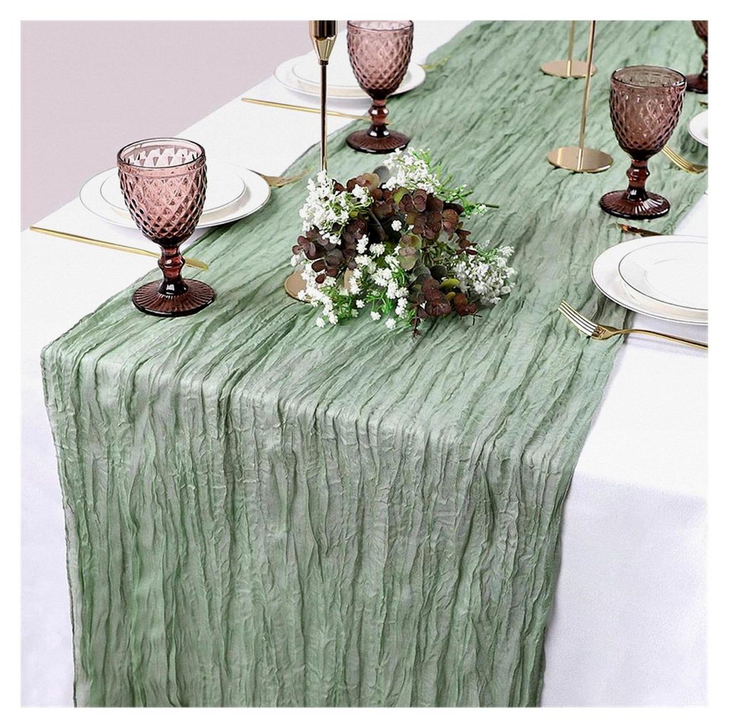 Tischläufer Grün Musselin 300 x 90 cm - Chiffon Hochzeit Salbeigrün Stoff Tüll Seihtuch Hellgrün Boho Tischdeko Gaze Rustikal Waschbar