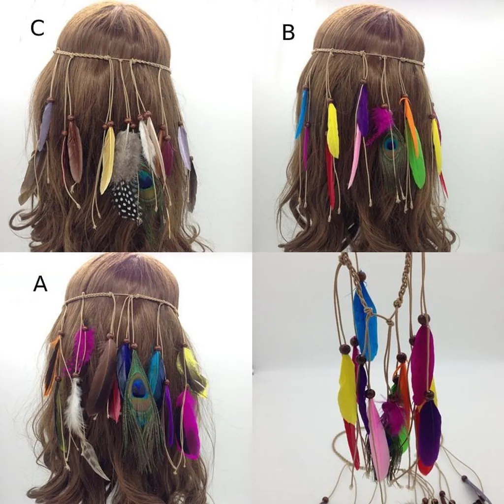 Fascia Per Capelli Indiana Hippie Con Piume - Multicolore, Stile Anni 70, In Legno E Poliestere