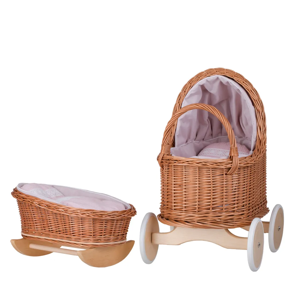 Poussette poupée osier rose roues silencieuses landau bois stable