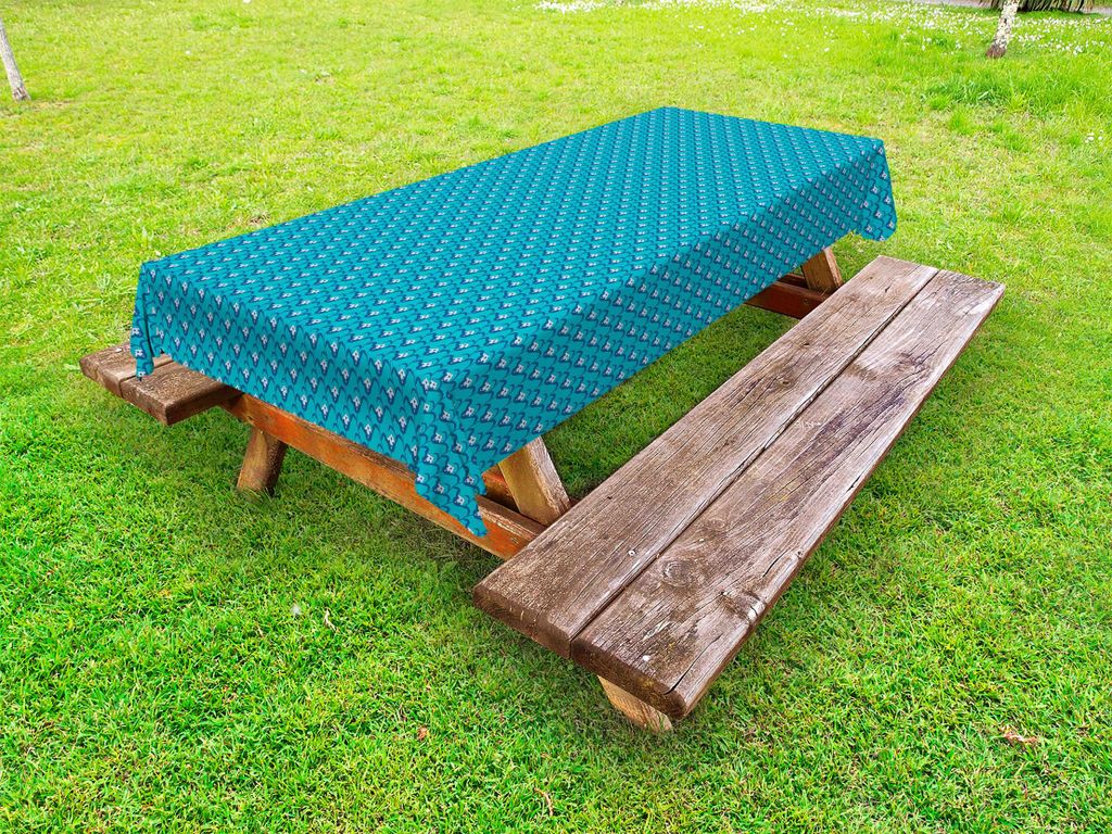 ABAKUHAUS Blumen Tischdecke Outdoor, Fortsetzung Illustration von Blooming Vintage Blumen-Blätter Flourishing, Blau und Dunkel Seafoam, 145x265cm