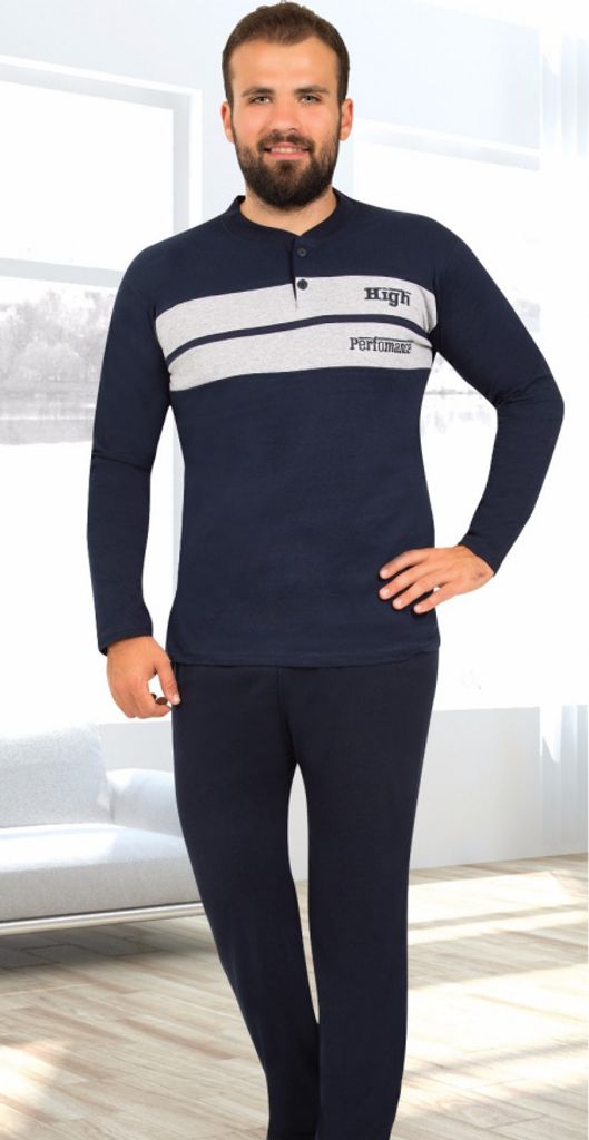 Herren Pyjama Schlafanzug Baumwolle Lang Marineblau M Produktbild 