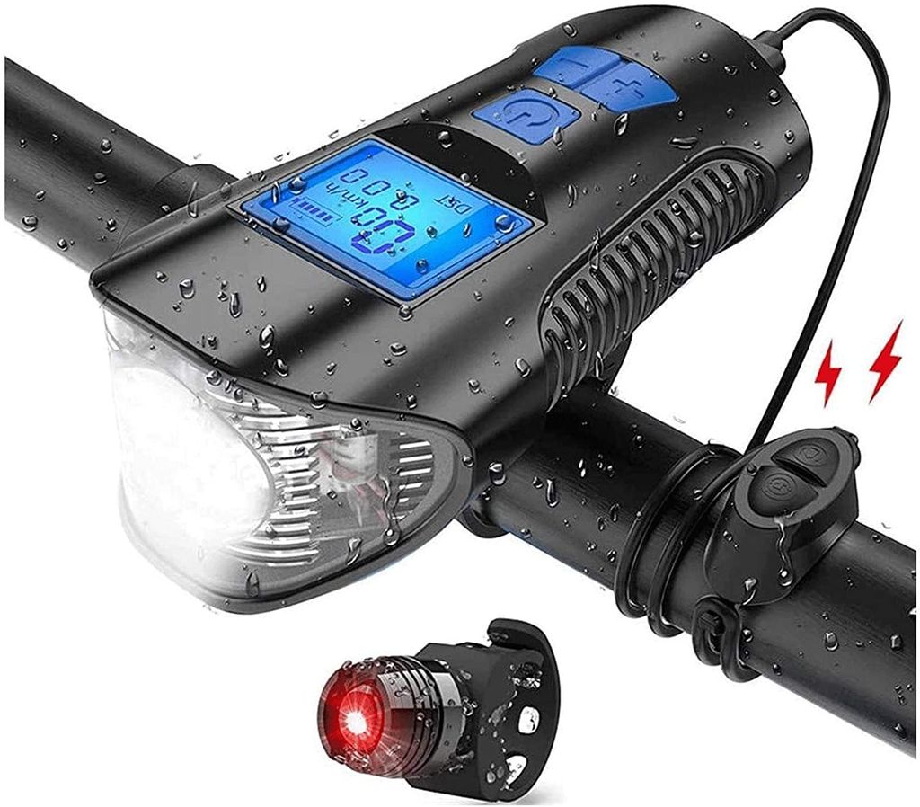 LED Fahrradlampe Horn Scheinwerfer mit Tachometer Odometer Fahrradlicht set 