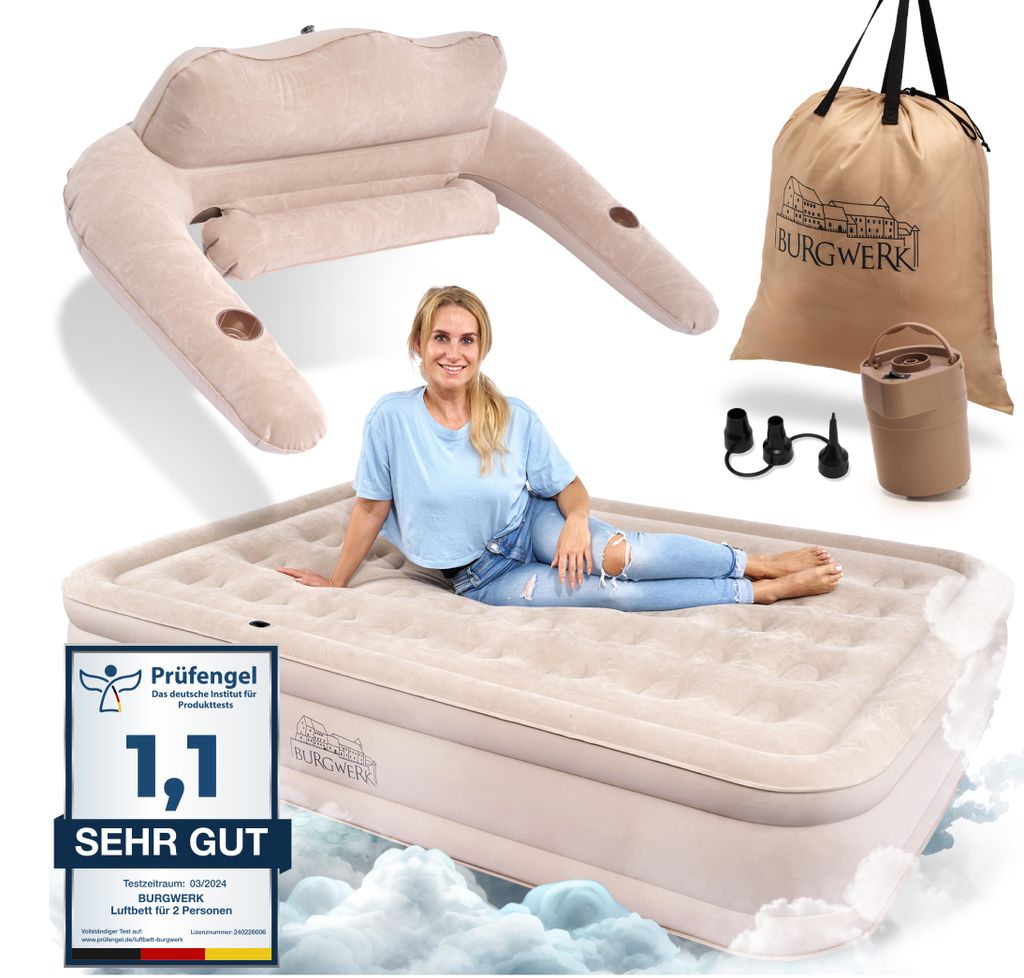 A woman is lying on an inflatable mattress, with other product components and a storage bag shown around it.