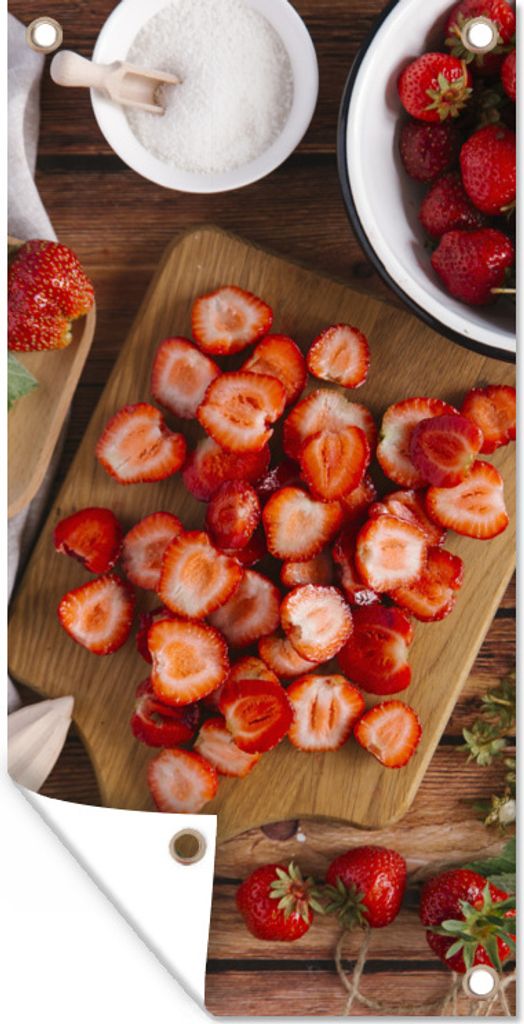 MuchoWow 80x160 cm Outdoor-Poster Gartendeko Sichtschutz Garten Poster für den Garten Erdbeeren auf einem Schneidebrett
