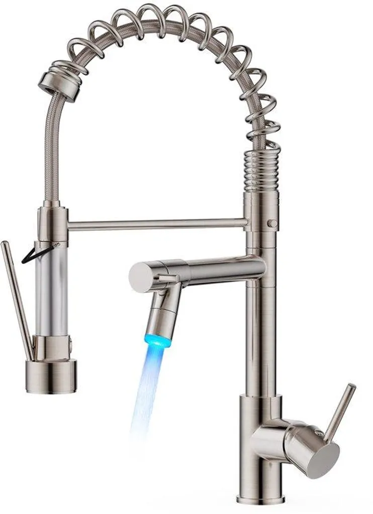 Robinet de cuisine en acier inox avec LED et double bec pivotant à 360°