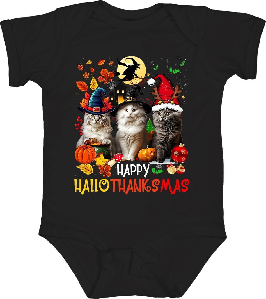 Happy Hallothanksmas Katzen Kürbis Hexenhut Weihnachten Geschenk Unisex Baby Body, Schwarz, 6/12