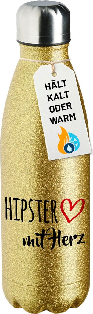 Huuraa Trinkflasche Hipster mit Herz 500ml Gold Edelstahl Wasserflasche Trinkflasche Geschenkidee
