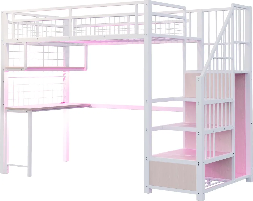 Lit mezzanine 90x200 en métal avec bureau et armoire intégrés - Gris