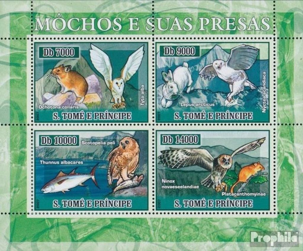 Briefmarken Sao Tome e Principe 2007 Mi 2972-2975 Kleinbogen (kompl. Ausgabe) postfrisch Eulen und ihre Beute
