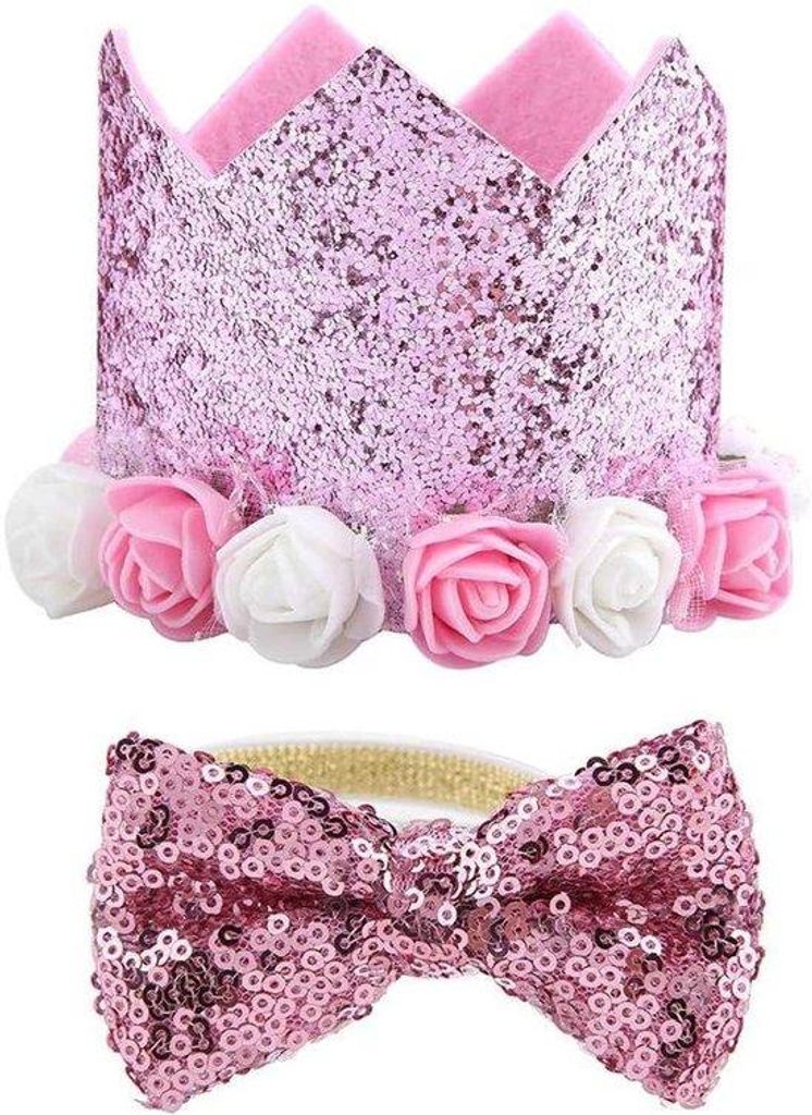 Hundebirthdayset mit Hut, Krone und Schmetterlingsband - Rosa - Für Hunde und Katzen - Recyclingfähig
