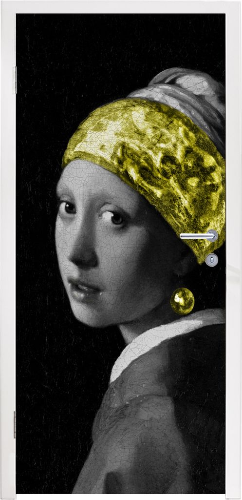 MuchoWow Türtapete Selbstklebende Türfolie Mädchen mit einem Perlenohrring - Schwarz - Gold 95x235 cm Türposter Türaufkleber Klebefolie Tür...