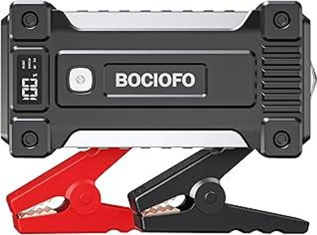 POWLAND Avviatore 8-in-1 Con Compressore, 4000A, 10000mAh, Per Auto 12V Fino A 10L Diesel, Display LCD, Torcia E Aspirapolvere Incluso
