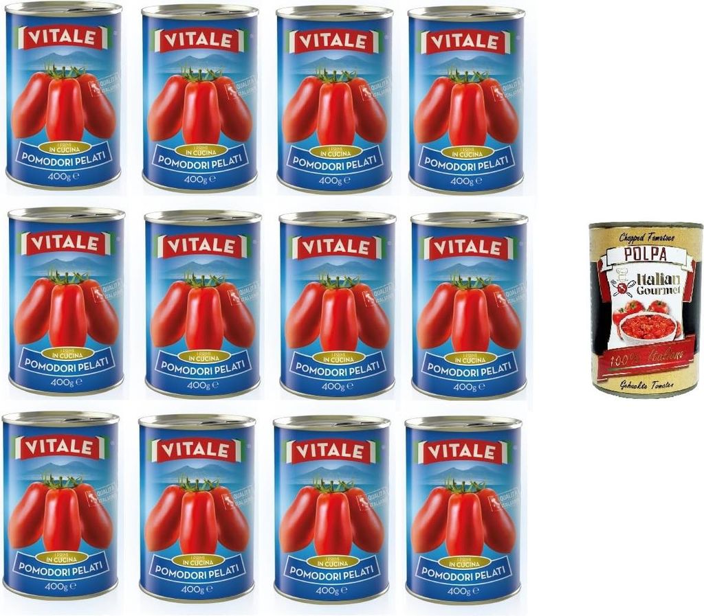 Vitale Pomodori pelati Geschälte Tomaten 12x 400gr + Italian Gourmet Polpa 400g