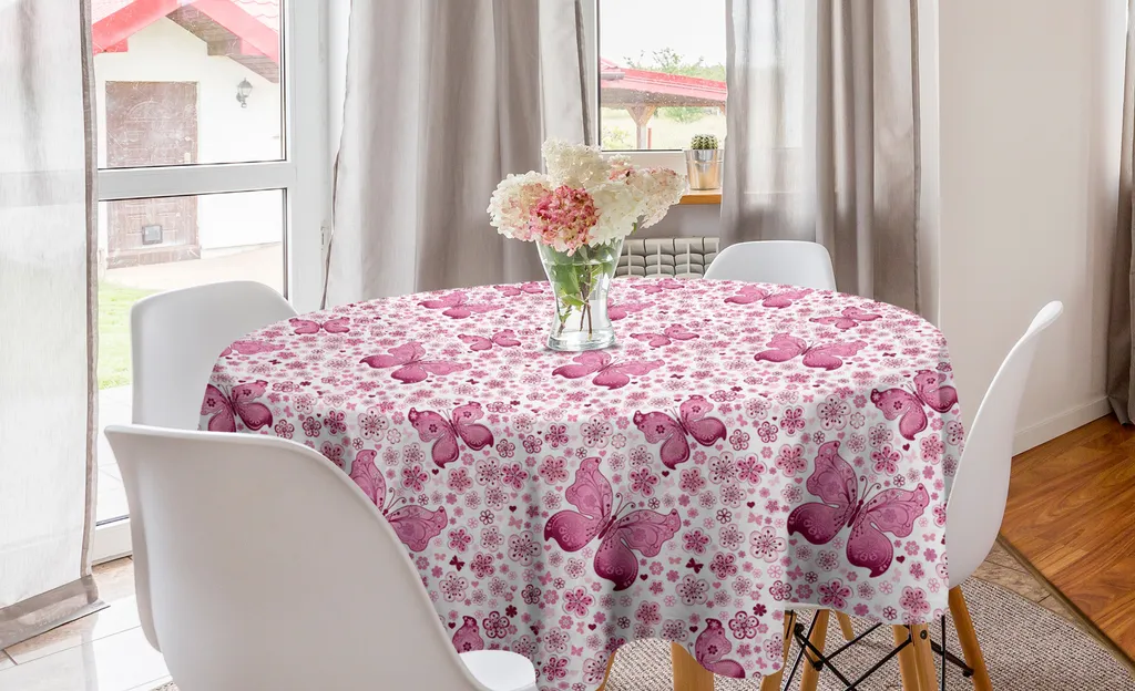 Tovaglia Rotonda 150 cm ABAKUHAUS Farfalle e Fiori Rosa | Offerta