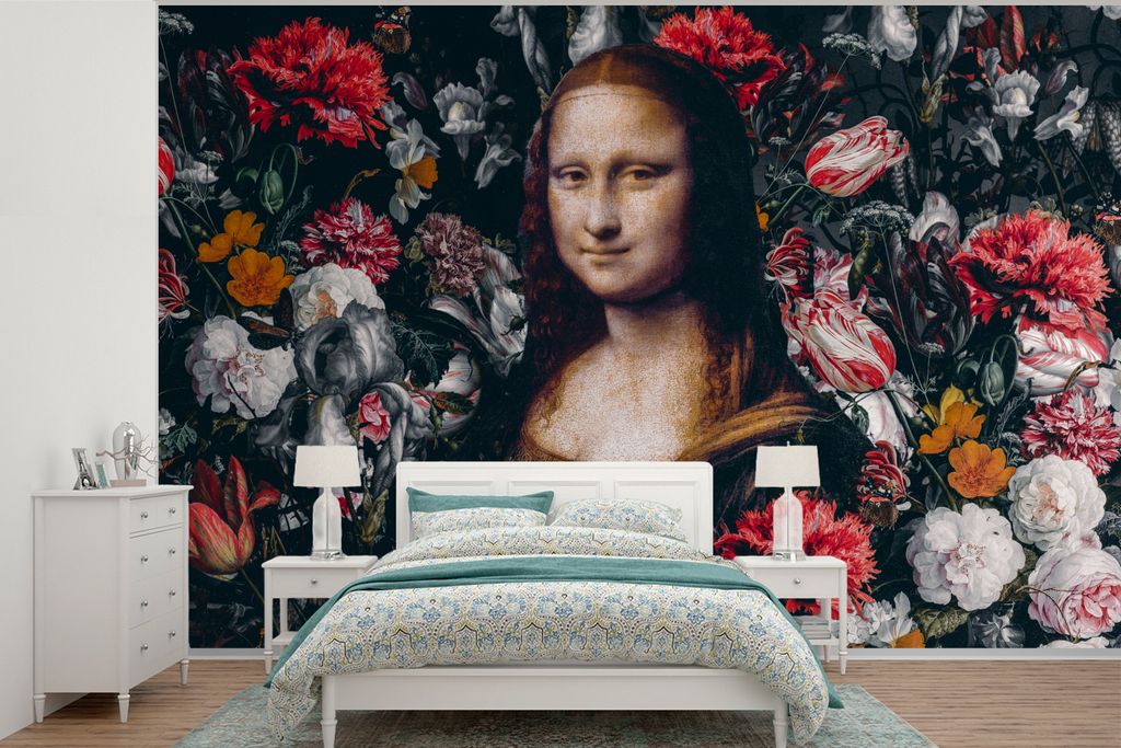 MuchoWow Fototapete für Wohnzimmer oder Schlafzimmer Wandtapete Vinyl Motivtapete Mona Lisa - Da Vinci - Blumen - Gemälde - 600x400 cm - Vinylt...